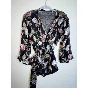 ALICE & OLIVIA ROSARIO Silk & Velvet Top - Size XS - Black Floral -‎ $330 New
